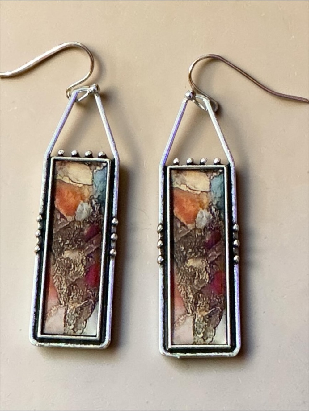 Boho Abstract Rectangle Drop Earrings Silver Tone Artisan Style NWT